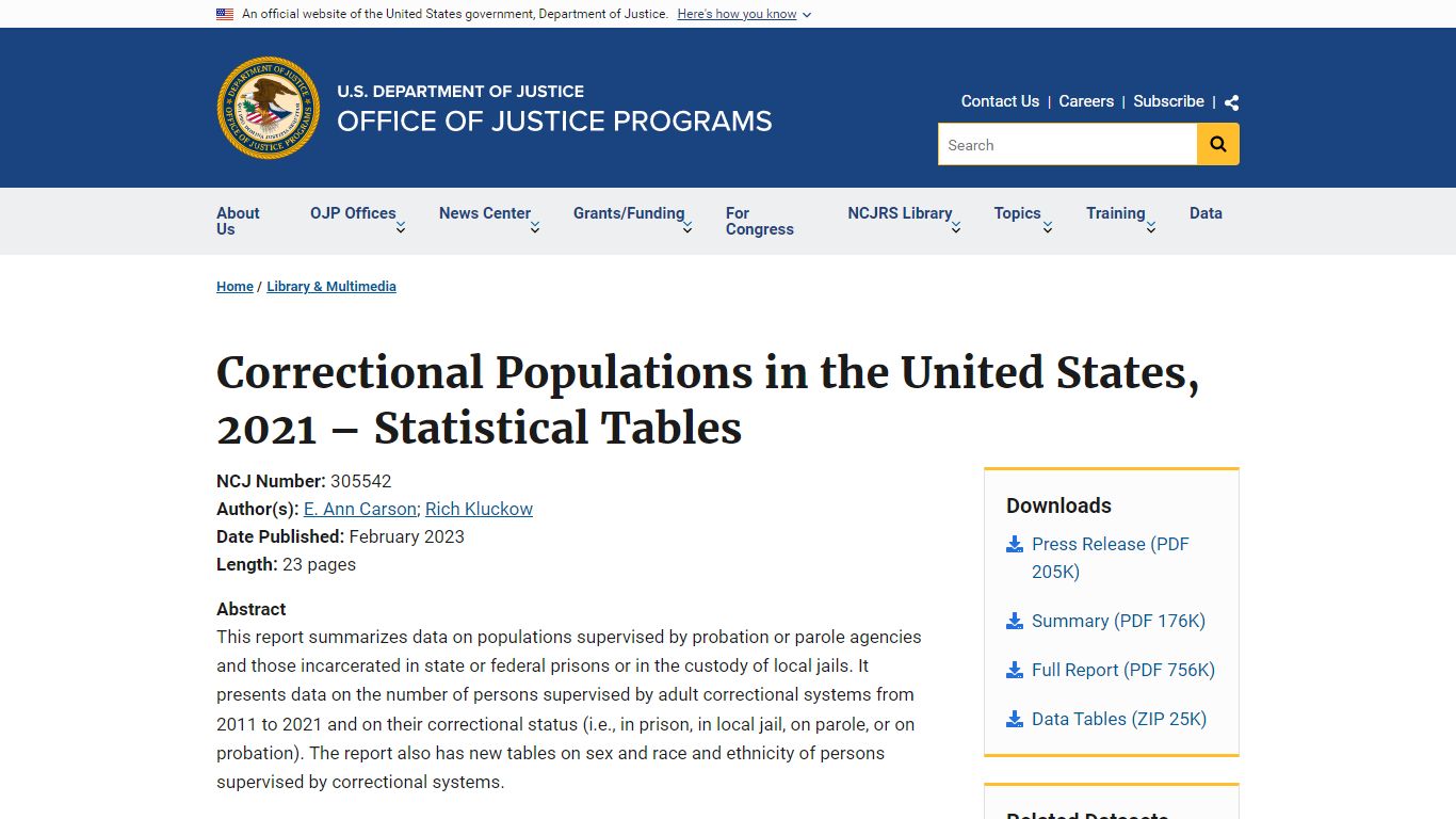 Correctional Populations in the United States, 2021 – Statistical ...
